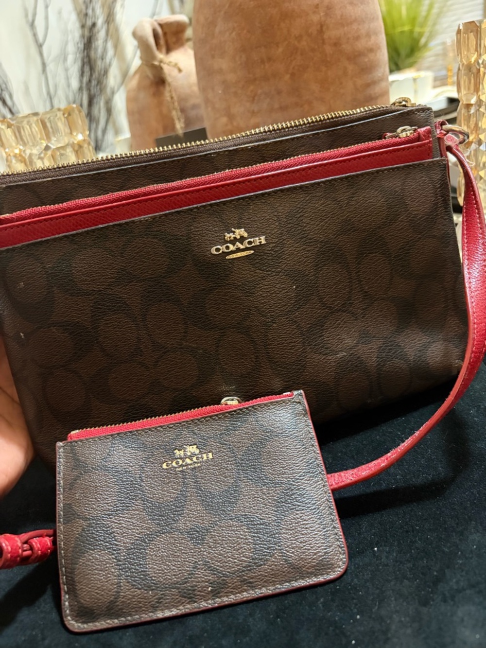 COACH Brown Signature Canvas Wristlet with Red Trim and Wrist Strap
